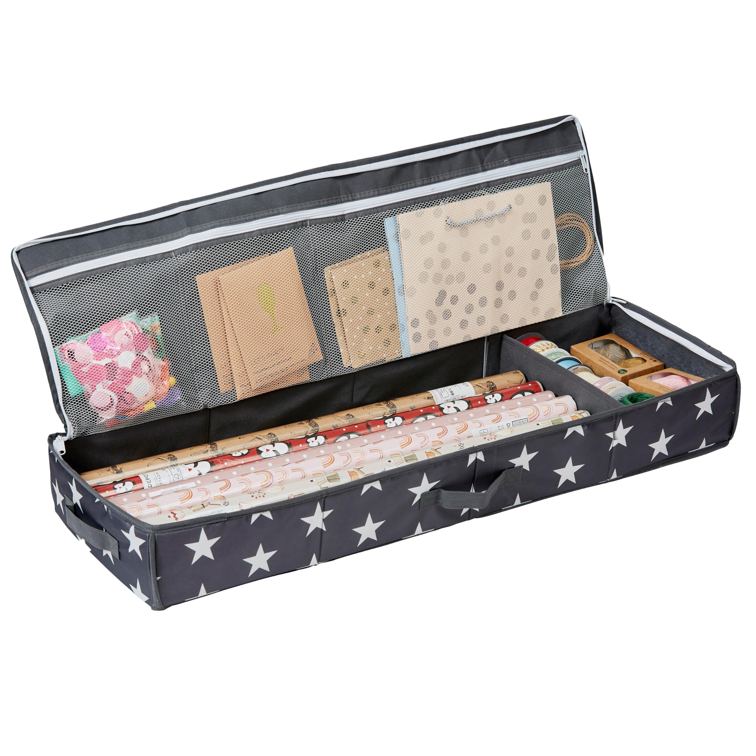 LOVE IT STORE IT Bag for Wrapping Paper Storage, High-Quality Wrapping Paper Organiser, with Compartments for Gift Ribbons, Grey with Stars, 90 x 30 x 12 cm
