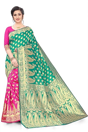 Girls And Women's Multicolor Jacquard Banarasi Saree With Blouse(Blouse Color:-Pink)