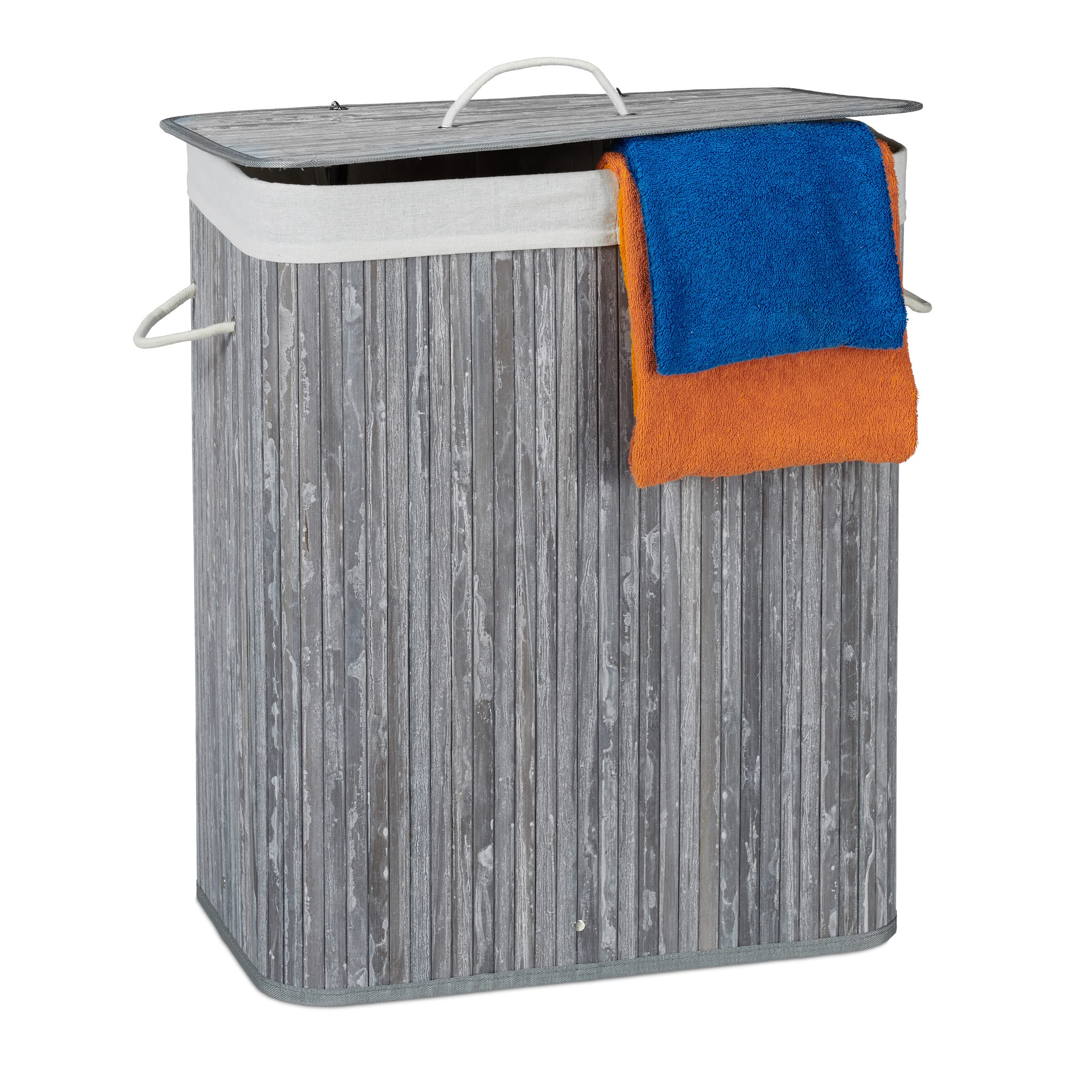 Relaxdays Lidded Bamboo Laundry Hamper, 100 L, Clothes Container, 2 Compartments, Folding, Rectangular Basket, Bathroom, Grey, 63 x 52 x 33 cm