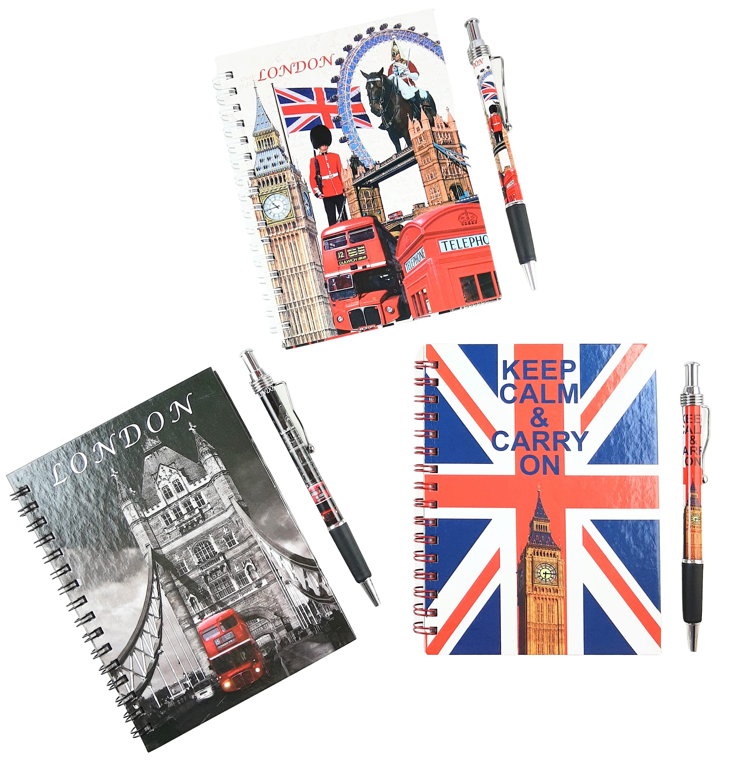 3 Packs of A6 Notebook with Matching Design Pen, 100 Pages, British Souvenir, Designed in U.K., Assorted Pack of 3, Great Gifts for Family and Friends