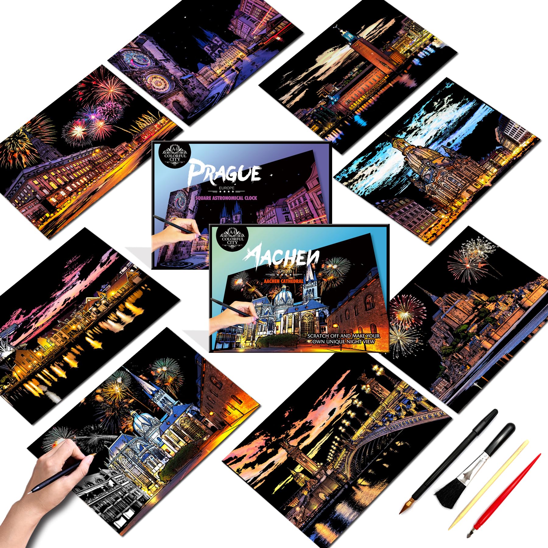 Scratch Art Painting Kit for Adults&Kids-8 Sheets A4 Rainbow Scratch Painting Paper Craft Set with City Landmarks|Stress Relief Gift for Travel&Craft Lovers|Scratch Art Home Decor(Europe Series 1)