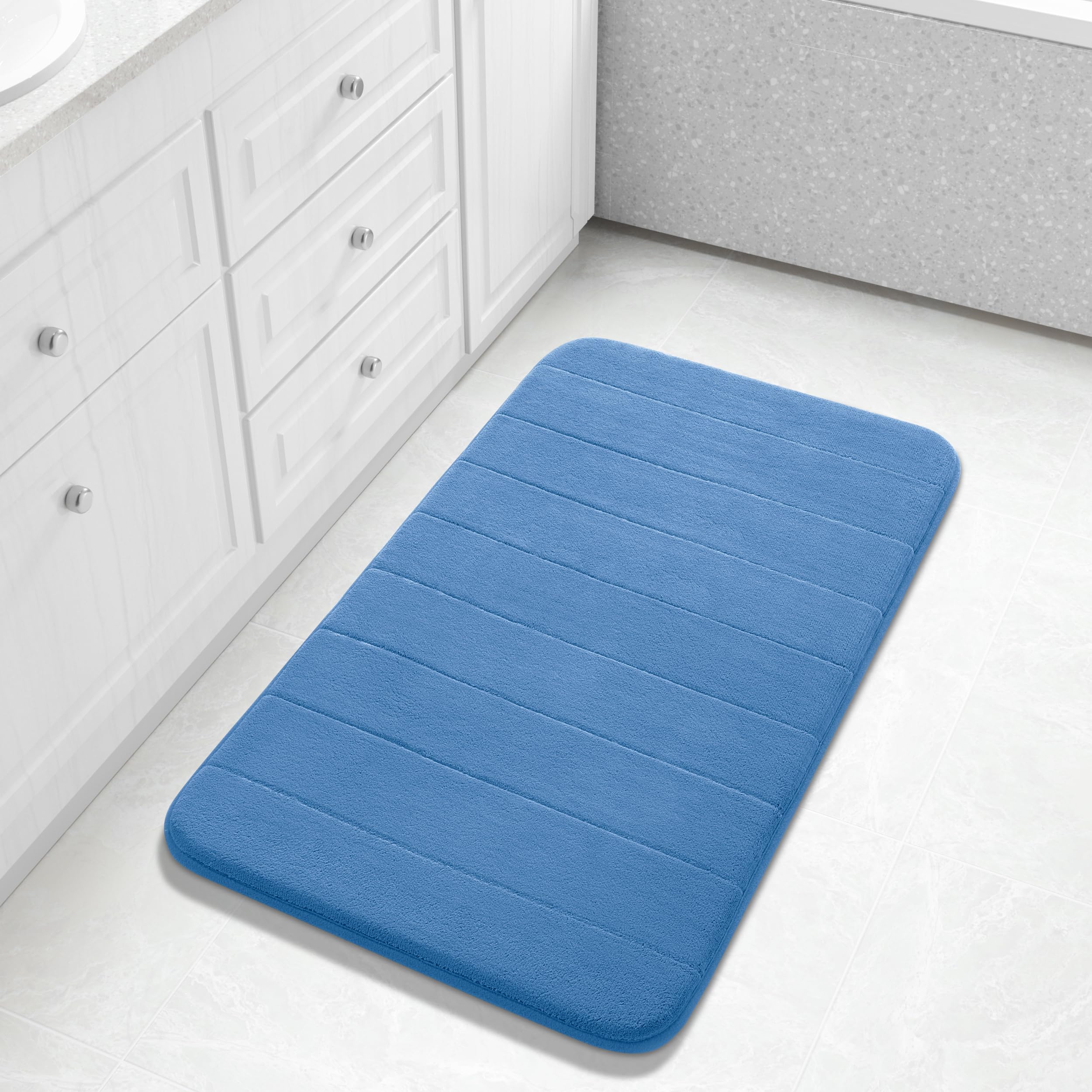 Yimobra Memory Foam Bath Mat, 92 x 61 cm, Soft and Comfortable, Super Water Absorption, Thick, Non-Slip, Machine Wash, Easier to Dry for Bathroom Floor Rug, Blue
