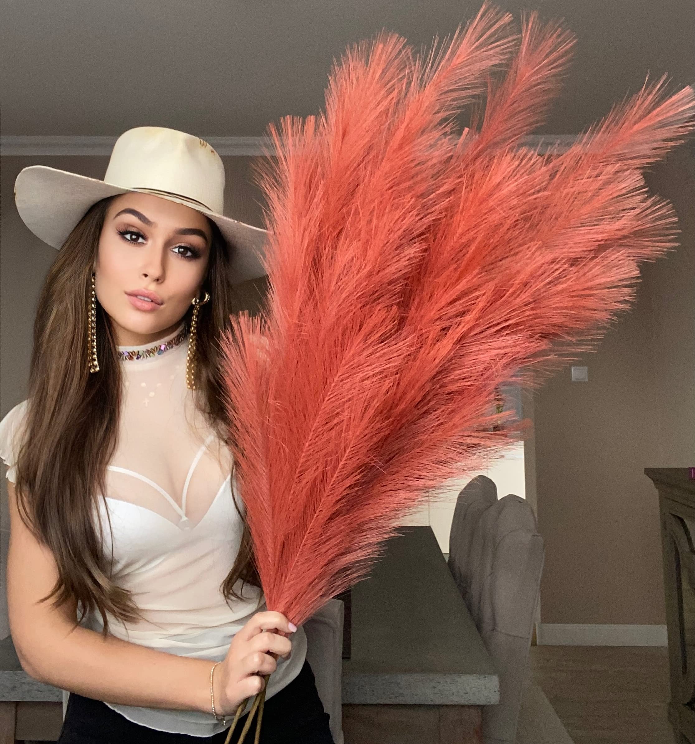 VOULUX Extra Large Tall Orange Fake Faux Artificial Pampas Grass Large Fluffy x3 115cm Stems x18 Decorative Artificial Flora Feathers For Floor Vases Tall Orange Plant Flowers Long Pampas Grass — image 1