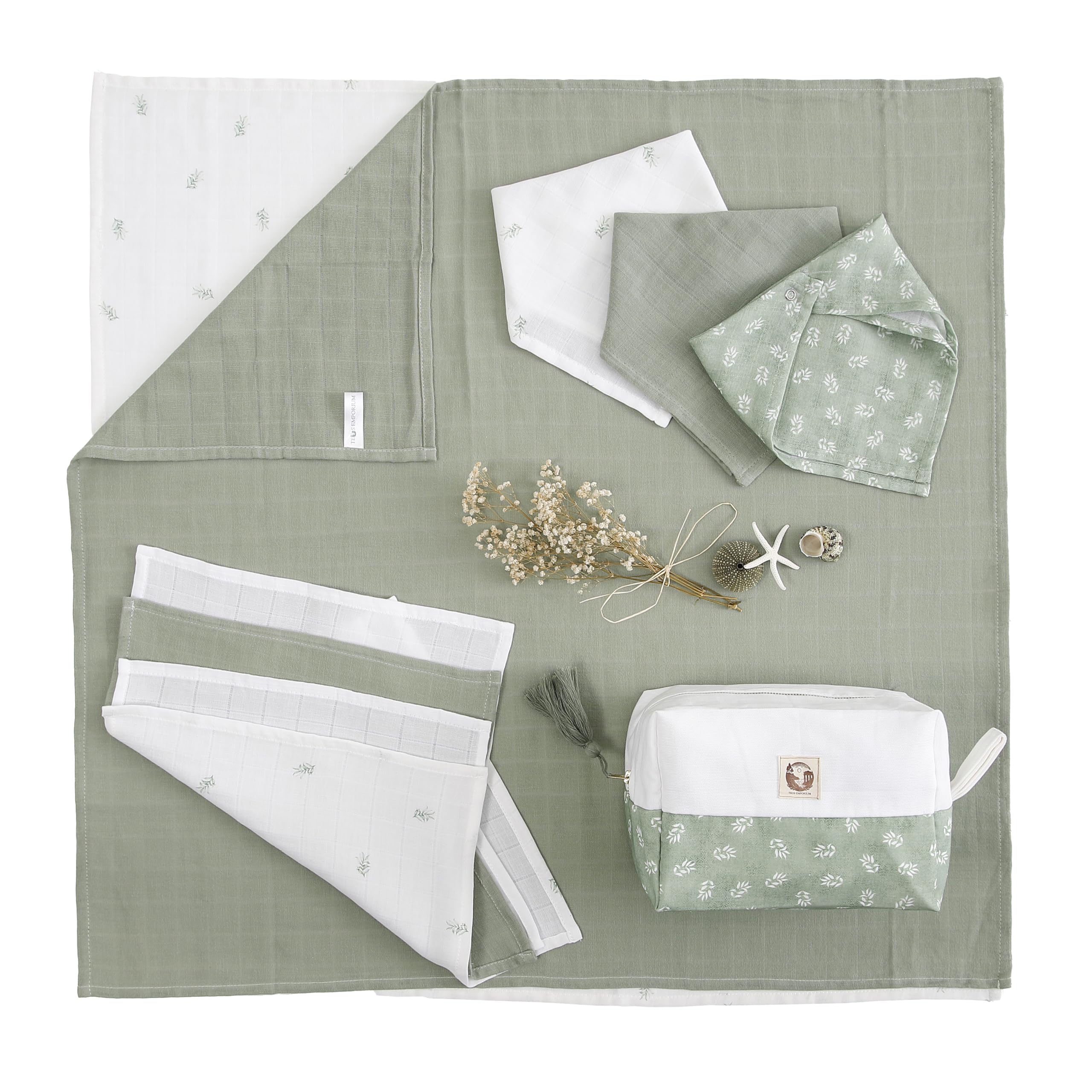 TEOS EMPORIUM 4,3,2,1,GO! - 100% Organic Muslin Cotton | Baby Essentials Set (10 pcs) - Unisex | 4 Burp Cloths, 3 Bibs, 2 Swaddles, 1 Canvas Tote Hand Bag | Suitable For 0-12 Month Baby