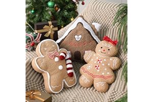Vicenpal 3 Pcs Christmas Throw Pillows Plush Teddy Sherpa Gingerbread Men Gingerbread House Shaped Christmas Decorative Pillows for Winter Holiday Party Outdoor Bedroom Cushion Decoration