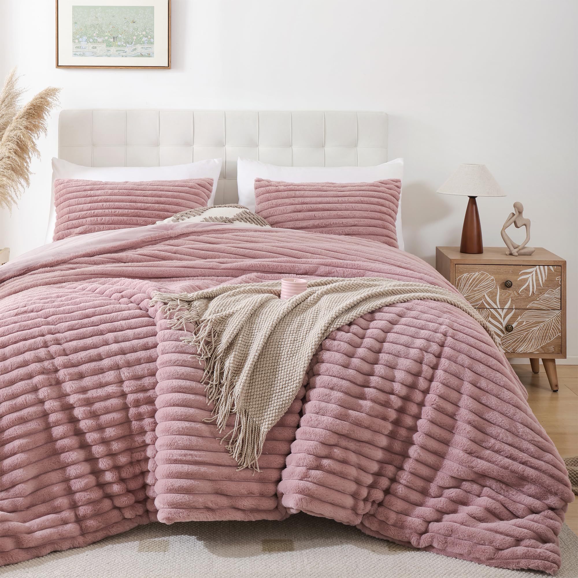 Photo 1 of Smoofy Fluffy Queen Comforter Set 3 Pieces - Old Pink Fleece Fluffy Comforter Set, Luxury Fuzzy Queen Bedding Set, Soft Warm Bed Set All Season, Heavy Faux Fur Comforter with 2 Pillow Cases