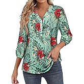 Womens 3/4 Sleeve Hawaiian Shirts V Neck Summer Floral Printed Shirt Casual Buttons Down Soft Tunic Tops