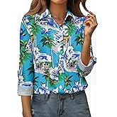 Womens Long Sleeve Hawaiian Shirts V Neck Button Down Floral Printed Shirt Trendy Boho Casual Blouses Tops