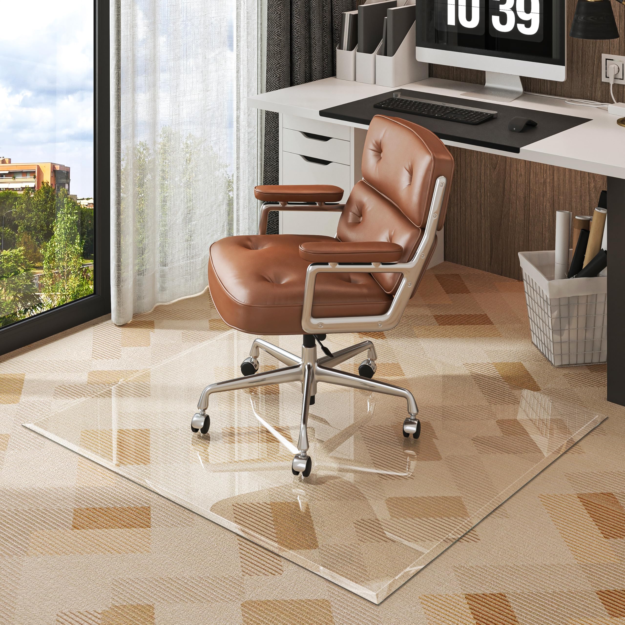 Photo 1 of [Tempered Glass] 50“x44” Beveled Edge Glass Chair Mat with Polished Edge Clear Office Chair Mat, Glides Smoothly, Suitable for Carpet or Hardwood Floors