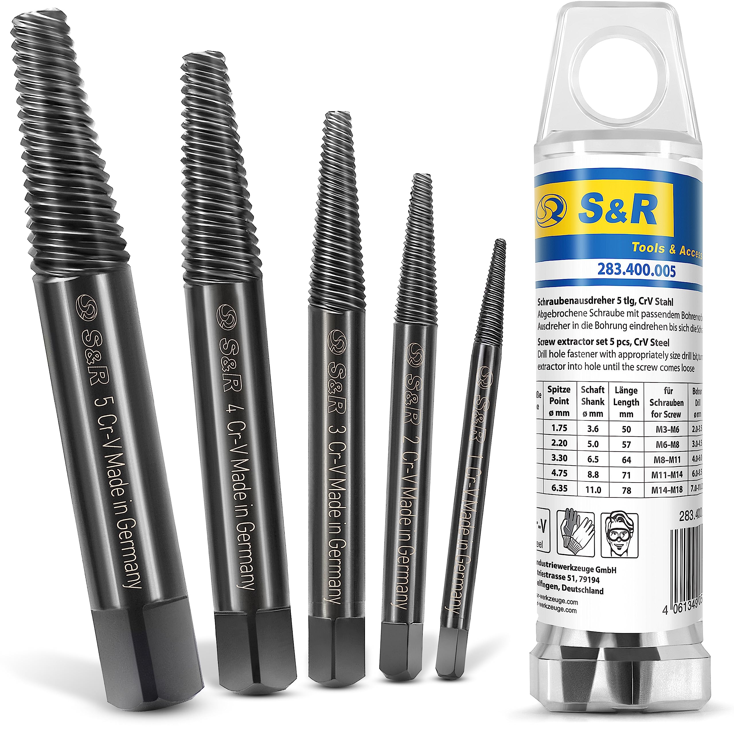S&R Screw Extractor Set – 5 Pcs | Chrome-Vanadium Steel | Made in Germany | Screw Remover for M3-M18 | Practical Storage Box