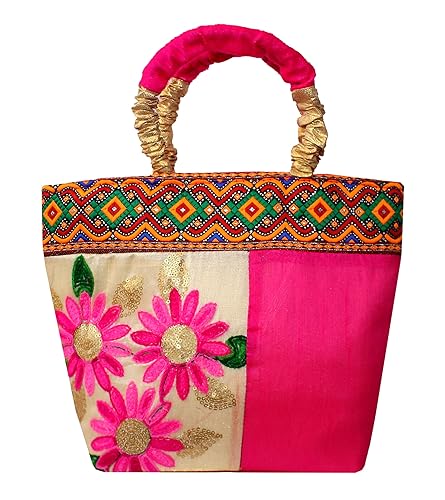 Milans Creation Womens Pink Silk Hanbag With Kashmiri Floral Embroidery and Velvet Handles