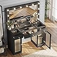 IFSEB Vanity Desk with Large Mirror and Lights, Glass Top Makeup Vanity with Lights & Power Outlet for Bedroom, 3 Color Lighting Modes, Black Dressing Table for Women, Girls