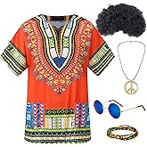 Gionforsy Hippie Costume Outfit for Men Women 60s 70s Costume Accessories Afro T-shirt Wig Set for Cosplay Halloween Party