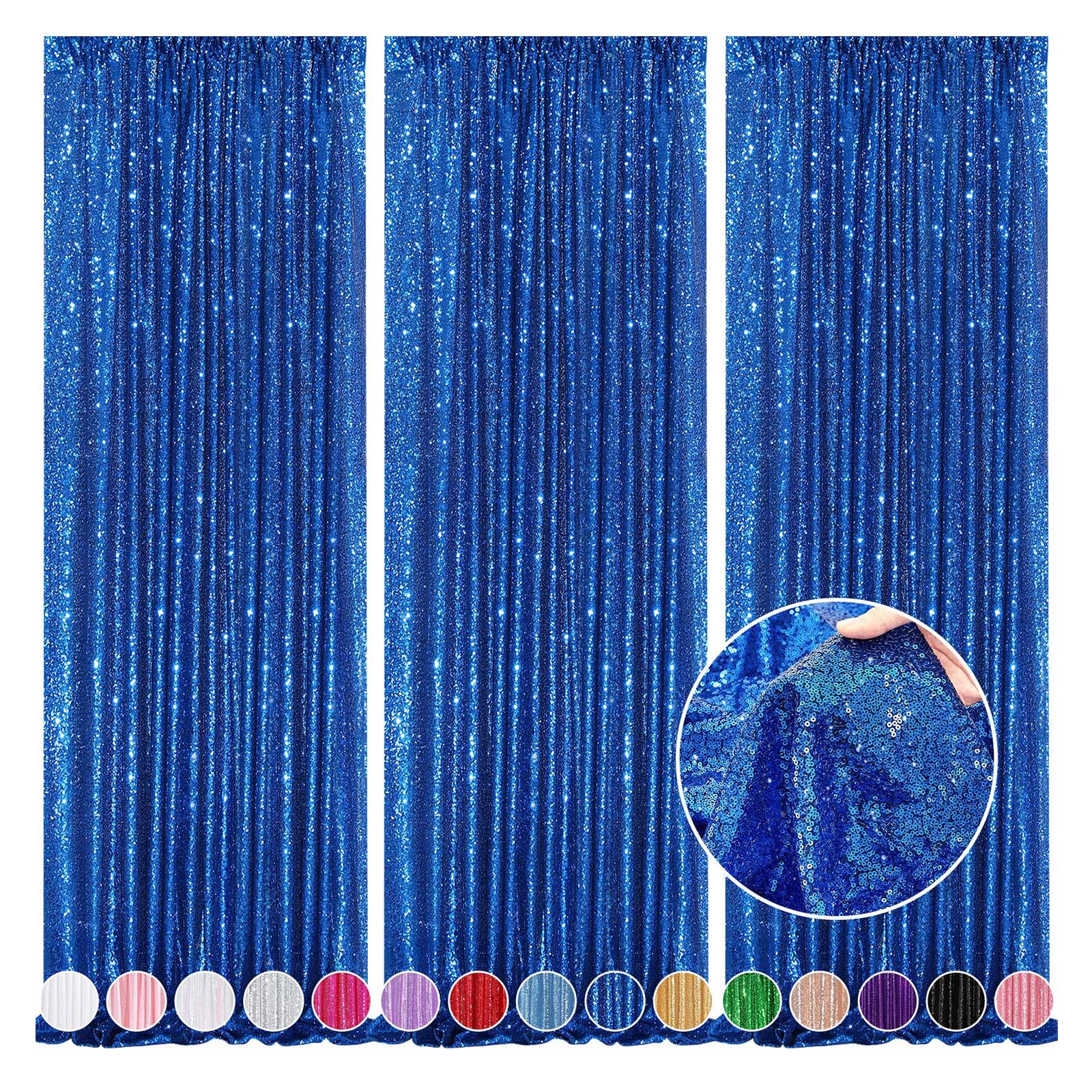 Glitter Backdrop Curtains Royal Blue Sequin Background 3 Packs 2FT x 8FT Sequin Fabric Baby Shower Birthday Party Decorations Image