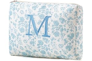 HBselect Initial Quilted Makeup Bag, Cotton Large Travel Makeup Bag, Cute Floral Coquette Make up Bag Cosmetic Bag Toiletry Bag for Women Girls M