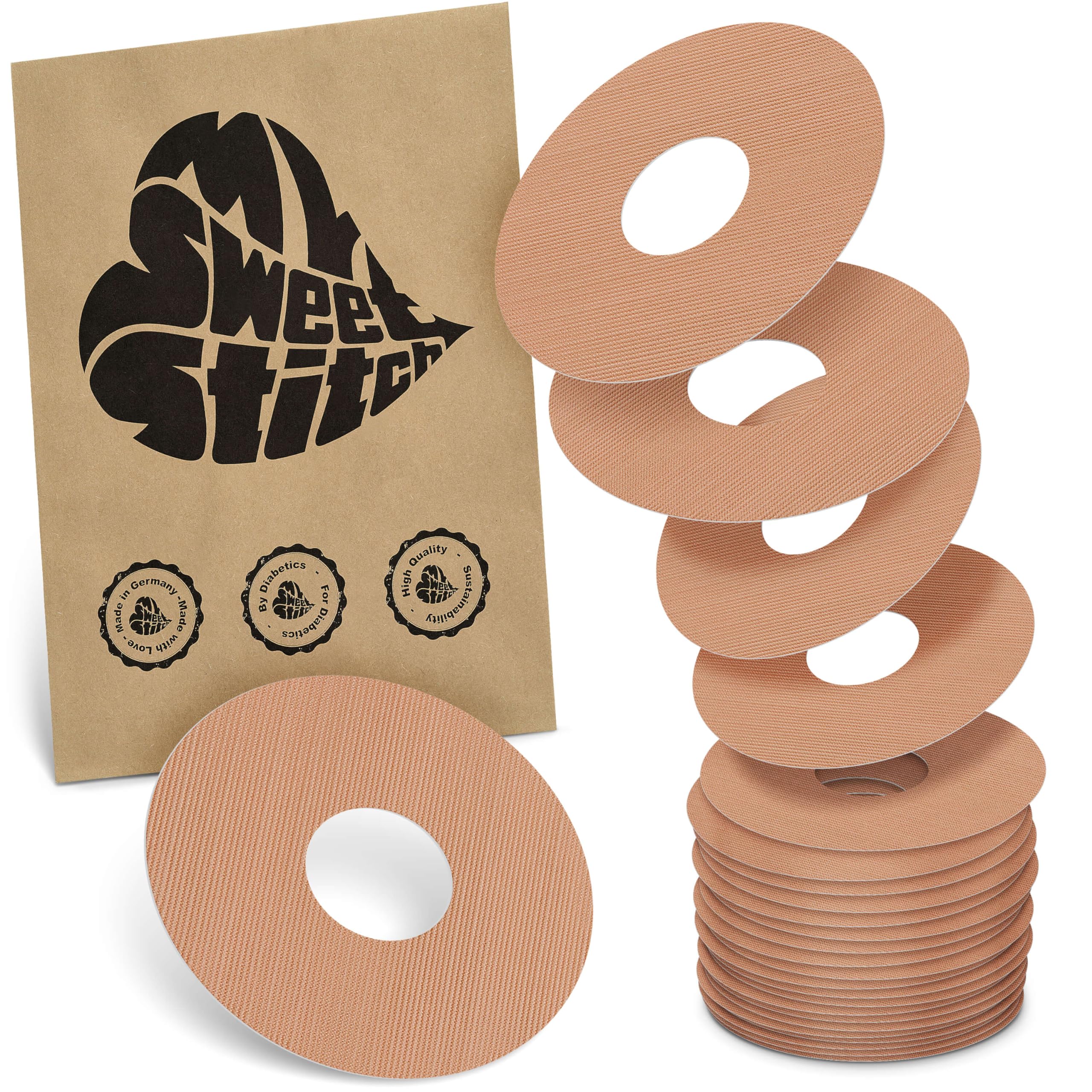 MySweetStitch - 25 x Freestyle Libre 3 Round Patches, Ring Patch Ø 60mm, Inner Ø 20mm, Waterproof, Breathable, Skin-Friendly, Made in Germany, Beige