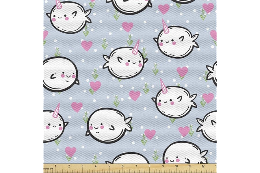 Ambesonne Narwhal Fabric by The Yard, Colorful Polka Dotted and Heart Pattern Background with Cartoon Character Whales, Decorative Fabric for Upholstery and Home Accents, 1 Yard, Pink Blush Blue