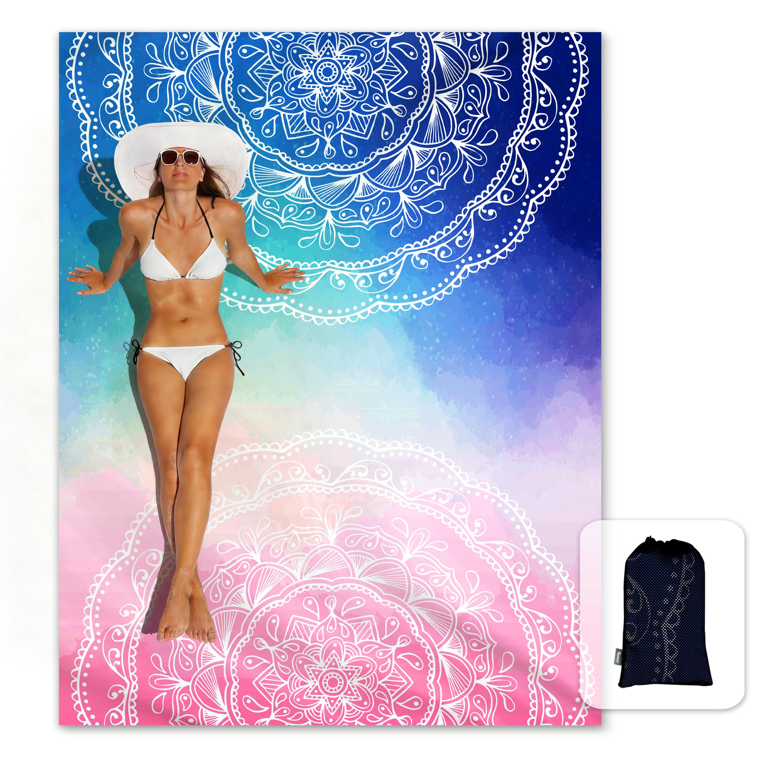 Sunlit Silky Soft Beach Blanket Sand Proof Mat with Corner Pockets 213x185cm Mesh Bag, Beach Party, Travel, Camping and Outdoor Music Festival, Mandala Blue Pink — image 1