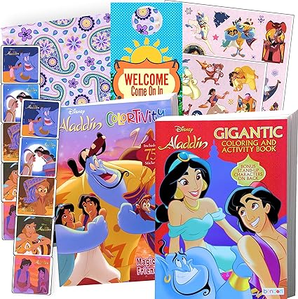 Amazon Co Jp ディズニー ぬり絵本とステッカーギフトセット バンドルには 巨大な192ページのディズニーぬり絵本 ディズニーステッカー 両面ドアハンガー 専用ギフトバッグ付き アラジン 文房具 オフィス用品