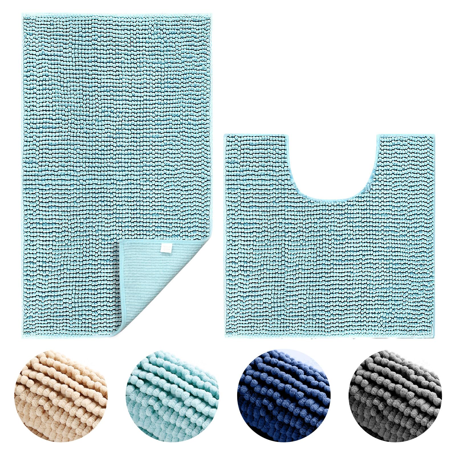 Hodeacc 2 Pcs Non Slip Chenille Bath Bathroom Mat Set,High Water Absorbent Density Soft Microfiber Toilet Pedestal Mat Machine Washable Bathroom Mats Carpet 50x50cm/50x80cm (Light-Blue)