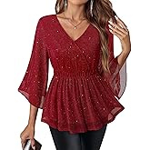Gaharu Women's Formal Dressy Tops 3/4 Sleeve Double Layers Mesh Tunic Shirts Evening Party Blouse