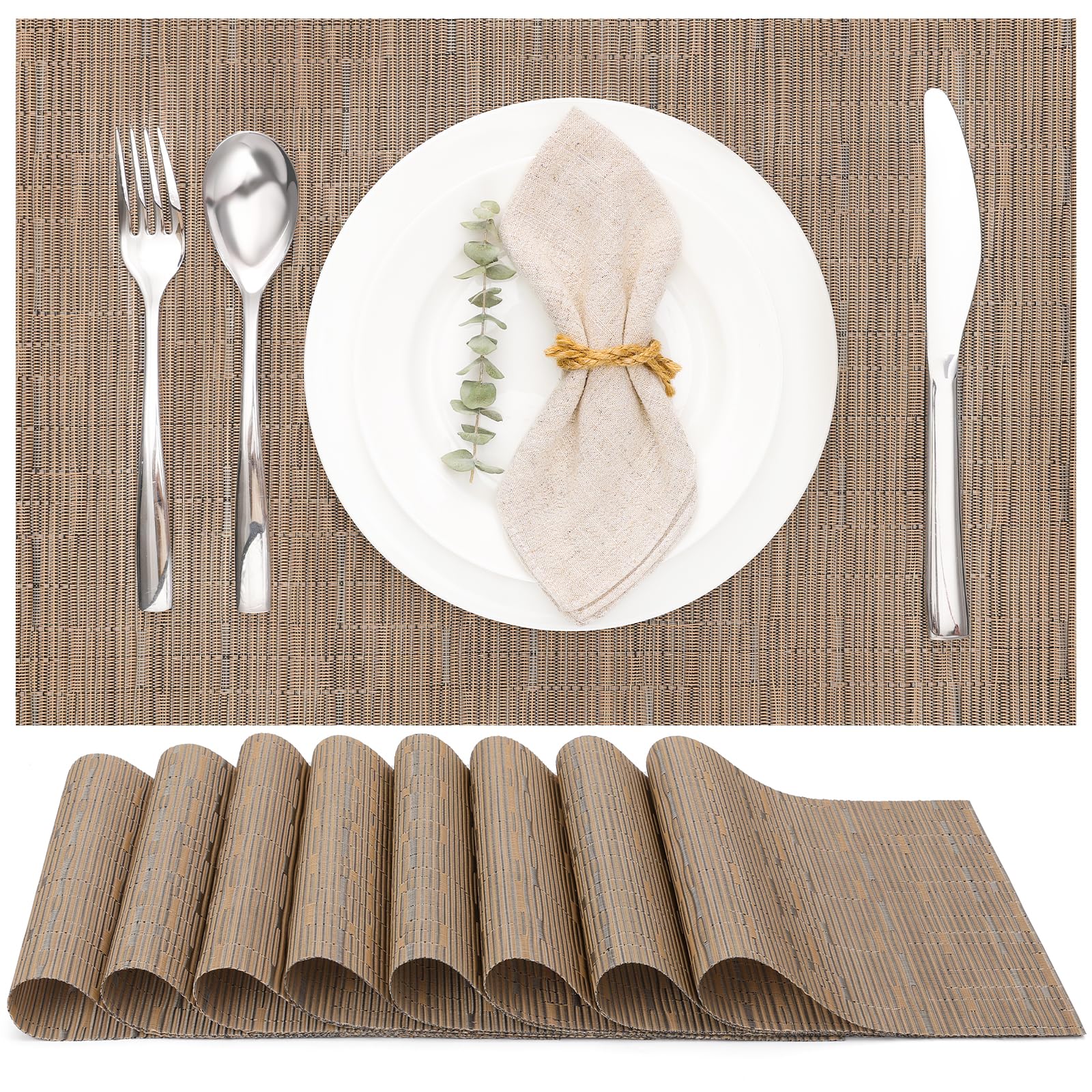Myir JUN Table Mats Set of 8, Place Mats Table Placemats Washable Non-slip Heat Insulation Woven Vinyl for Kitchen Dinning Restaurant 17"X12" (Brown)