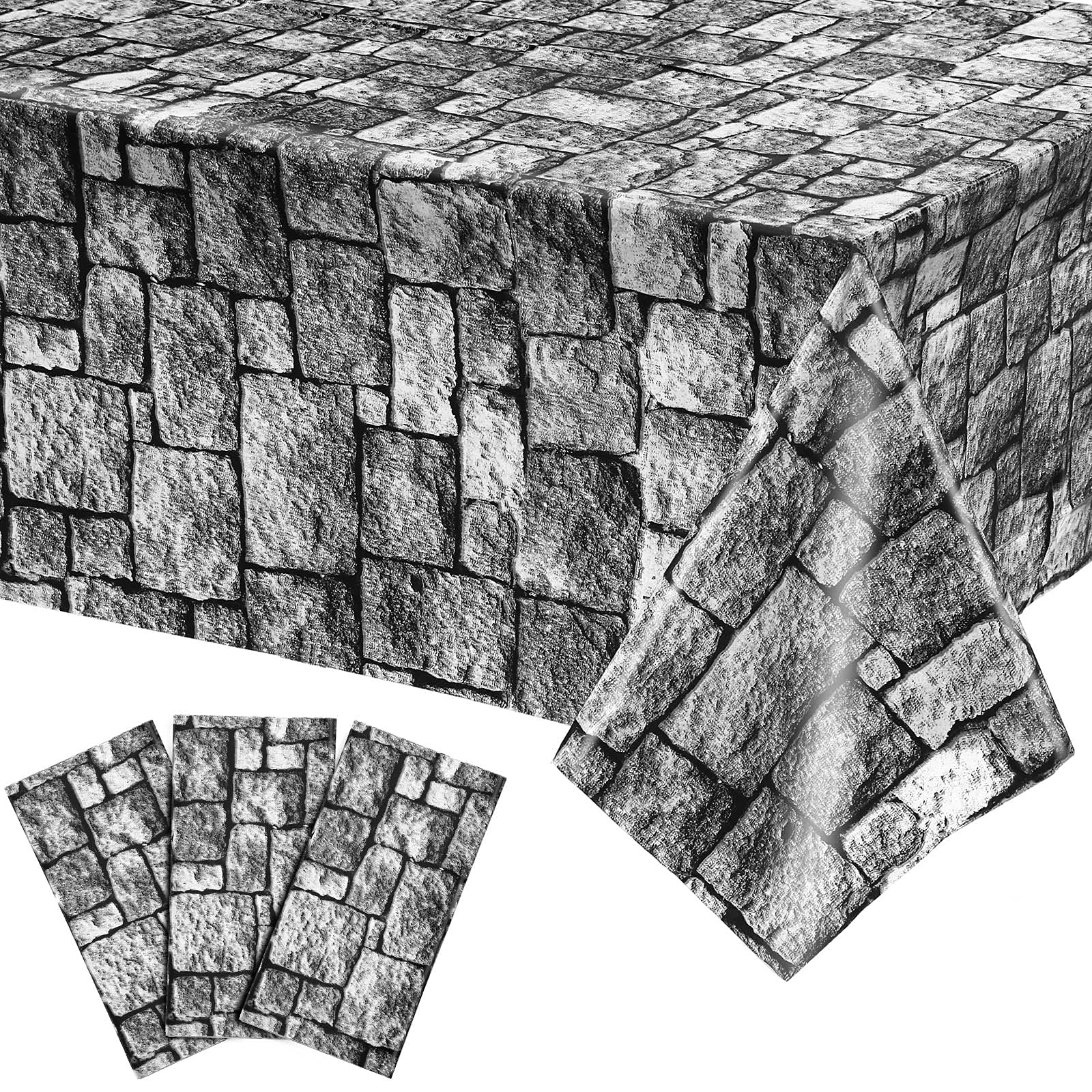 3 Pieces Stone Wall Tablecloths, Halloween Table Covers Brick Wall Decorations Disposable Plastic Medieval Castle Themed Brick Stone Table Cloth for Halloween Birthday Party Suplies, 108 x 54 Inches