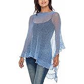 SHU-SHI Womens Sheer Poncho Shrug Lightweight Knit Ruffle Pullover Sweater Top