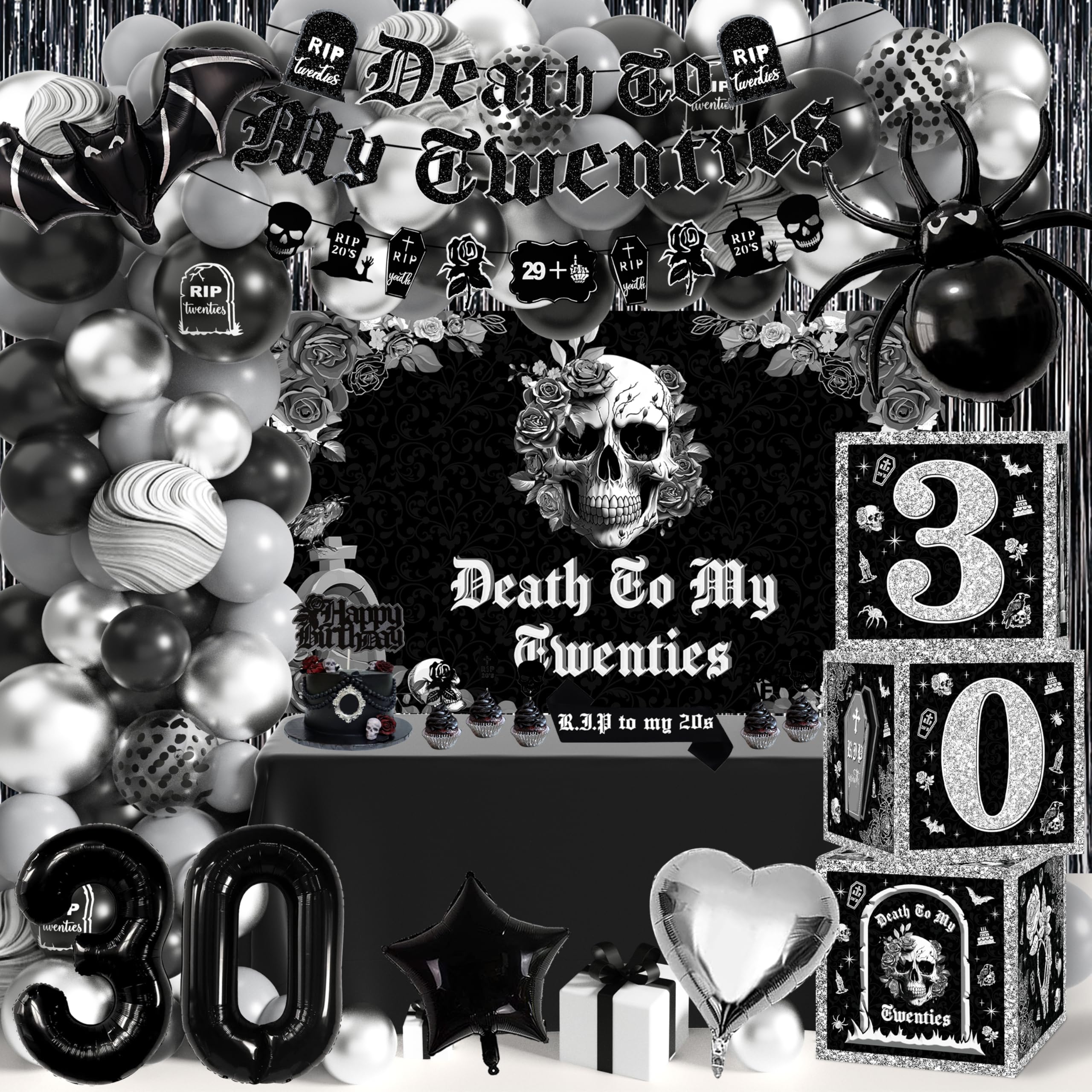 Photo 1 of 30th Birthday Party Decorations Pack, Death to My 20s Rip 30th Birthday Supplies Including 30th Balloon Boxes Banner Backdrop Tablecloth Rip to My 20s Sash for Funeral Youth Dirty Thirty Party Decor