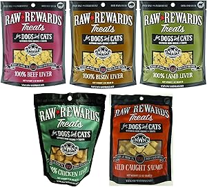 Northwest Naturals Raw Rewards Freeze Dried Treats for Dogs & Cats Mixed 5 Packs, Salmon, Beef Liver, Chicken Liver, Bison Liver and Lamb Lliver