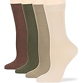 7BigStars Women's Cotton Dress Socks - 4 Pack L/M - Solid Assorted Crew Calf Black Brown Blue Grey Beige Olive Green