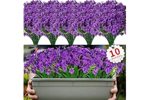 Usmilegift 10 Bundles Outdoor Artificial Flowers,UV Resistant Fake Flowers Plants for Outdoors Outside Front Porch Window Box Hanging Planter, Home Garden Decoration (Deep Purple)
