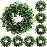Yuxung 8 Pcs Artificial Boxwood Wreath 11" Mini Green Leaves Wreath Small Round Greenery Hanging for Summer Door Wall Window Wedding Indoor Kitchen Cabinets Decoration