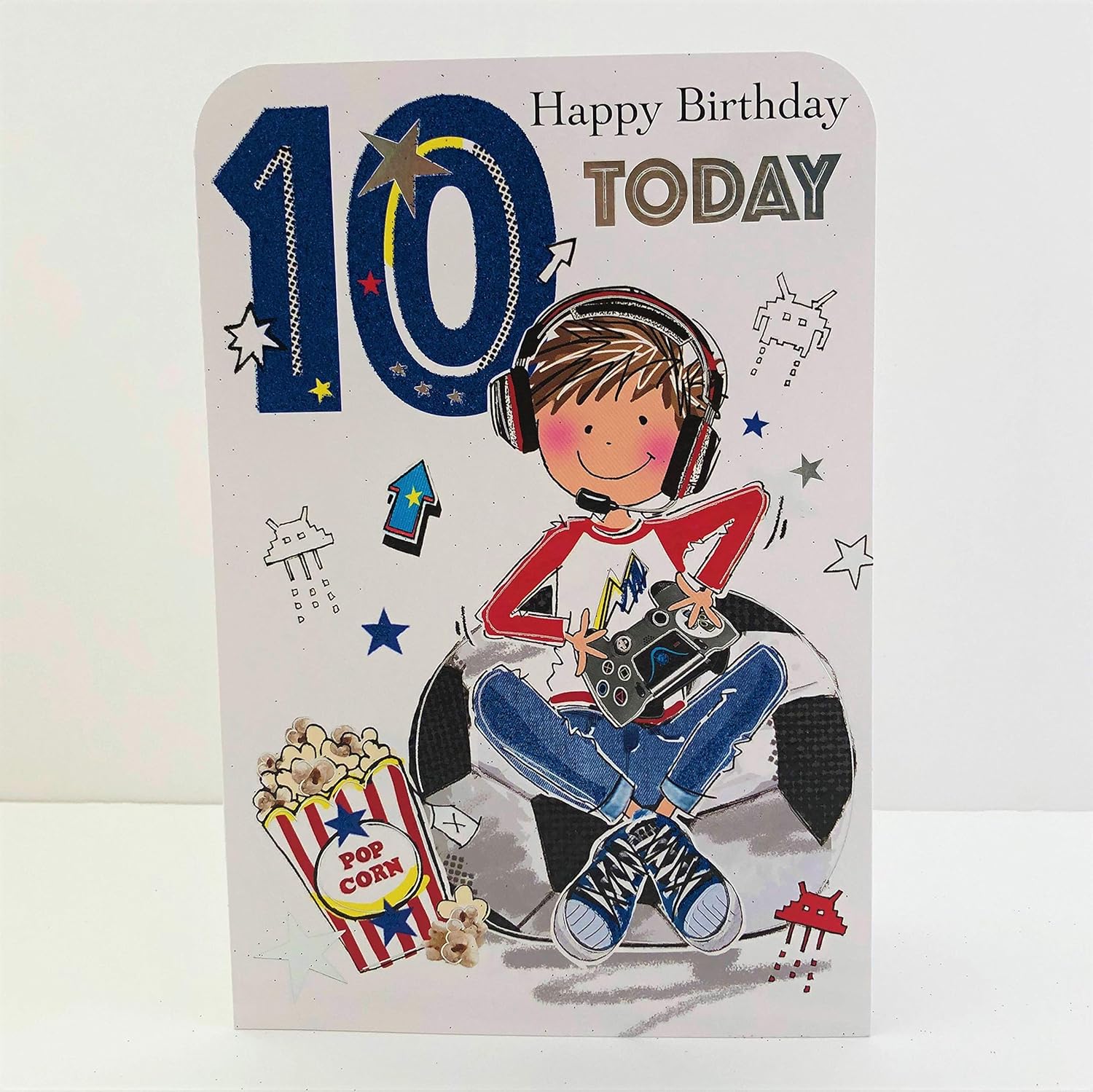 Jonny Javelin Boy Age 10 Happy Birthday Card - Boy Gaming, blue|white|brown, 5.25 x 7.25 inches