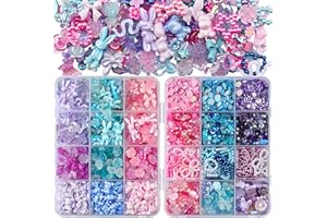 Kikonoke 2050 Pieces 3D Butterfly Rose Flower Bow Rabbit Bear Nail Charms Kit with Nail Art Rhinestones Pearls Crystal Gems Nail Slices for Manicure DIY Crafts Jewelry Accessories (Pink Purple Blue)