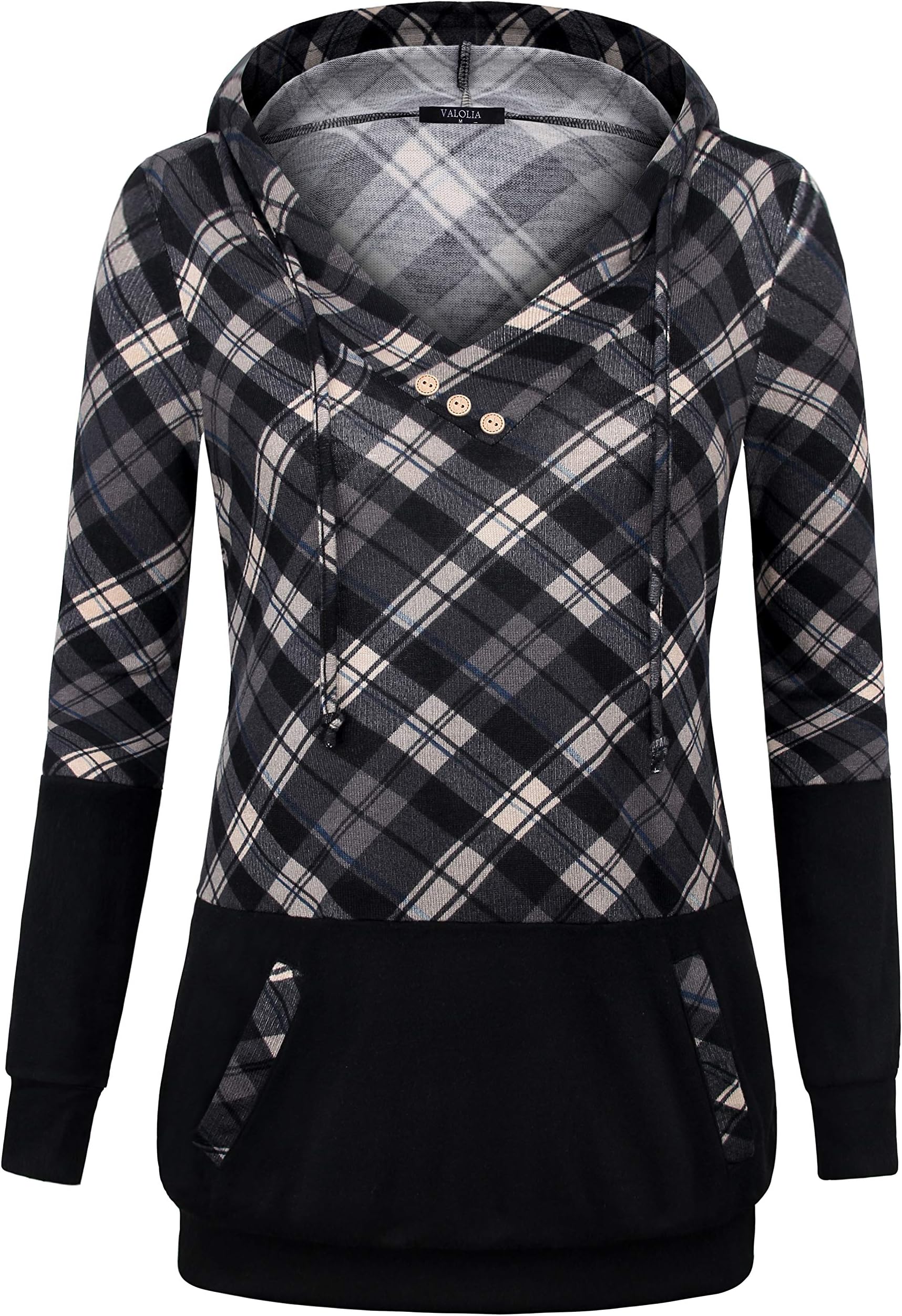 Women's Long Sleeve Plaid Pullover Color Block Casual Hooded Sweatshirt with 2 Pockets for Girl