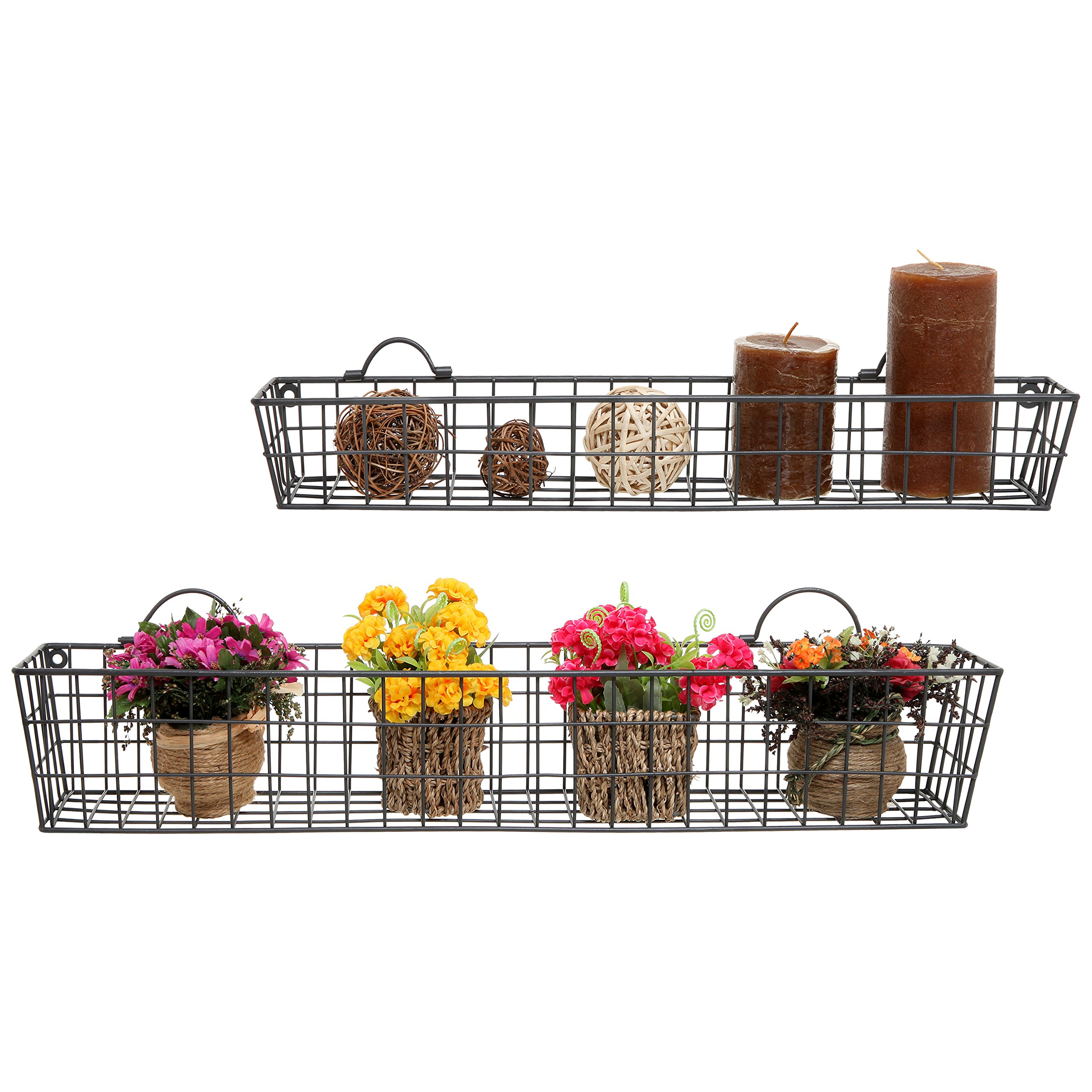 Set Of 2 Gray Country Rustic Wall Mounted Openwork Metal Wire Storage Basket .. 15 91re3M3JdHL