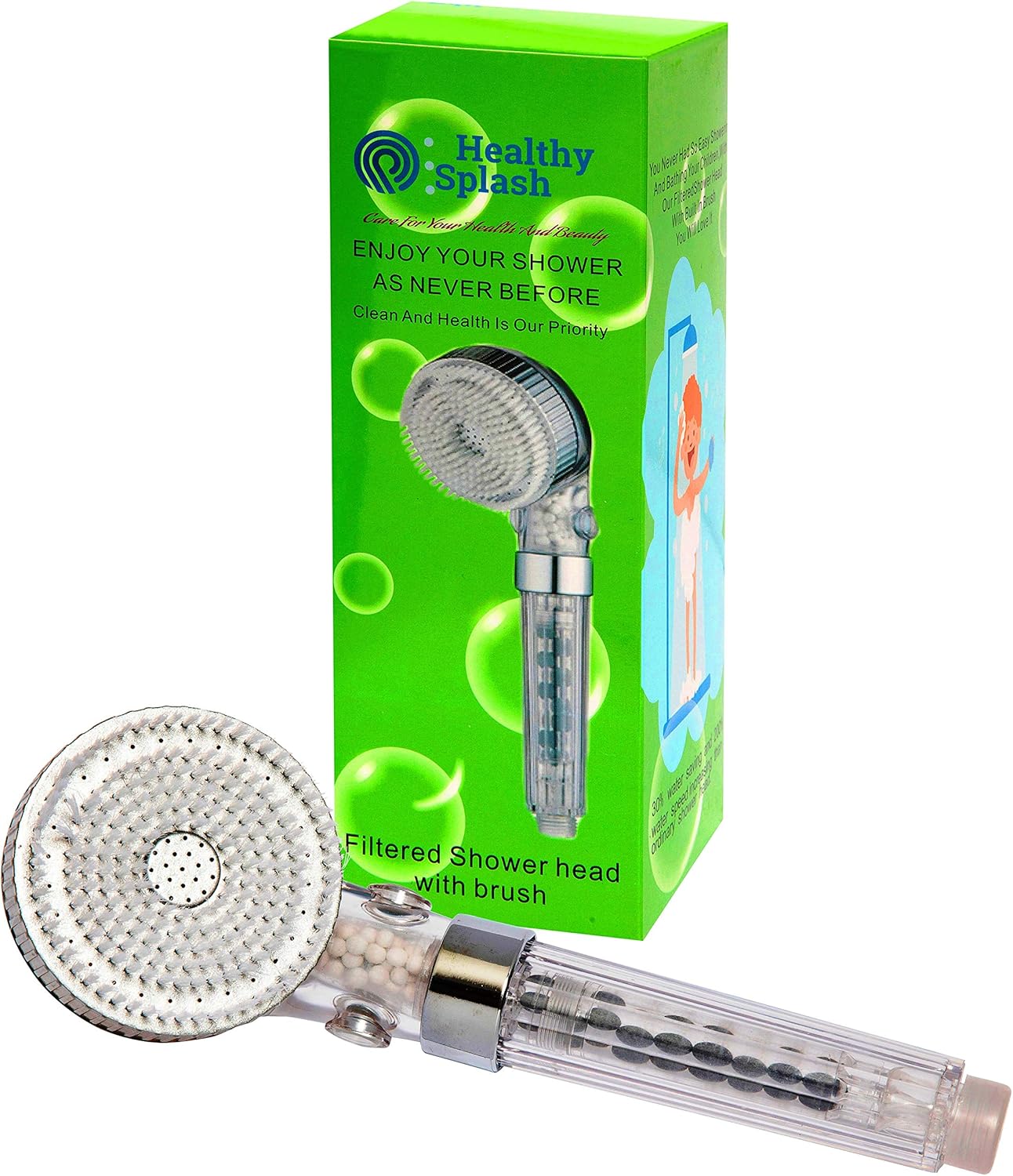 Healthy Splash, Filtered Handheld Shower Head with Brush, Removes Fluoride & Chlorine, Softens Hard Water