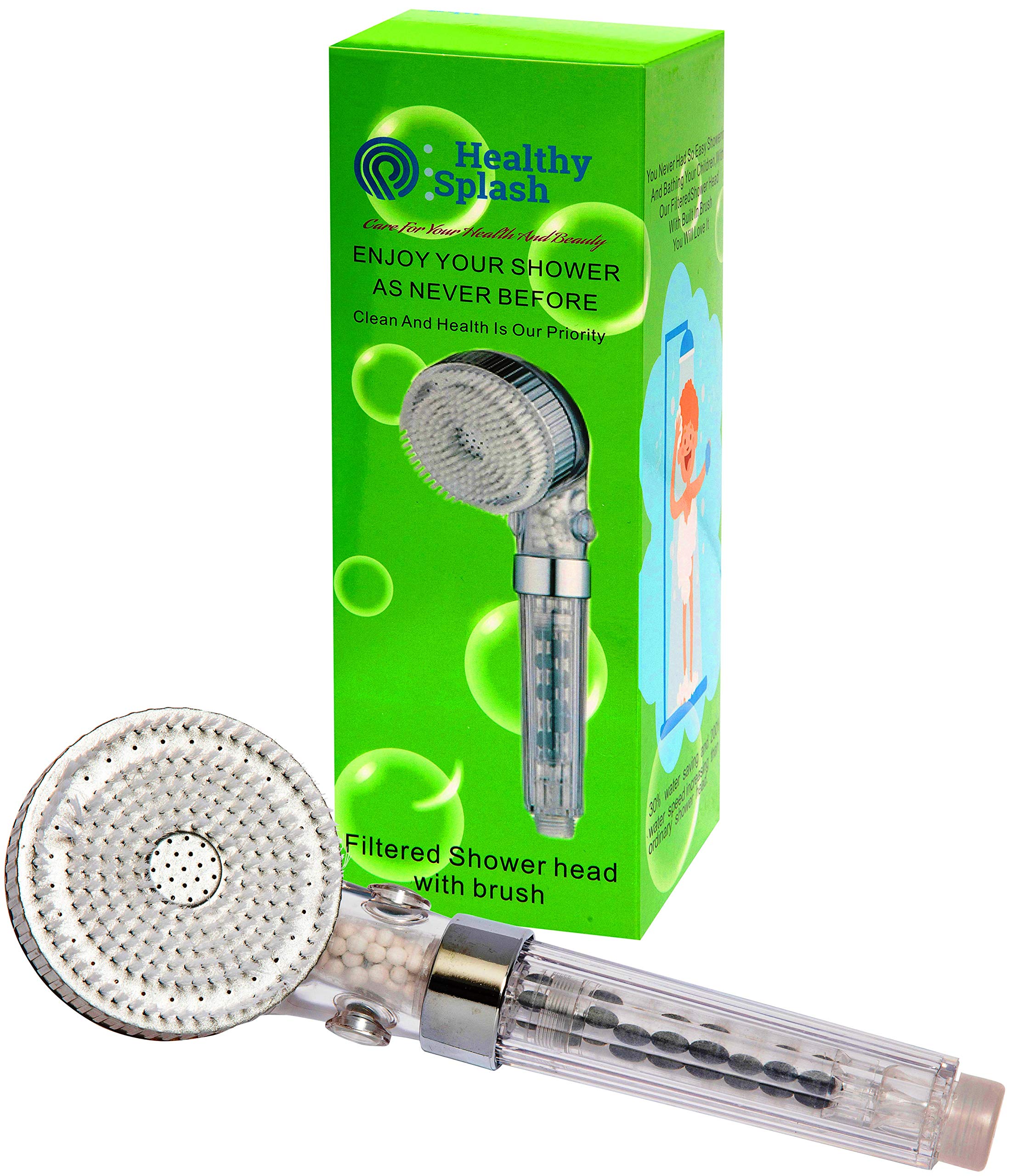Healthy Splash - Filtered Handheld Shower Head with Brush - Removes Fluoride & Chlorine - Softens Hard Water - Increases Water Pressure, While Saving Water - Easy Installation - Enhance Your Skin