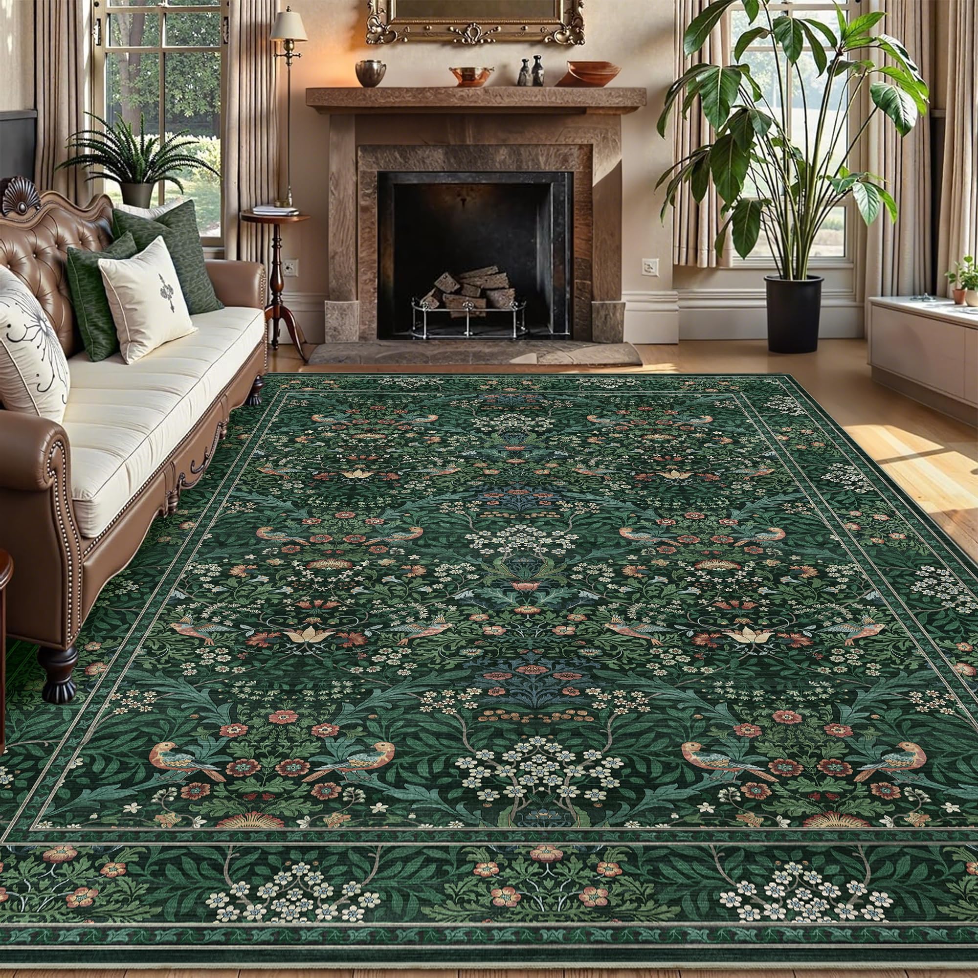 Photo 1 of 6x9 Floral Washable Area Rugs for Living Room, Vintage Boho Large Rug for Bedroom Dining Room? Distressed Botanical Birds Non Slip Low Pile Forest Throw Carpet for Farmhouse Office, Bright Green