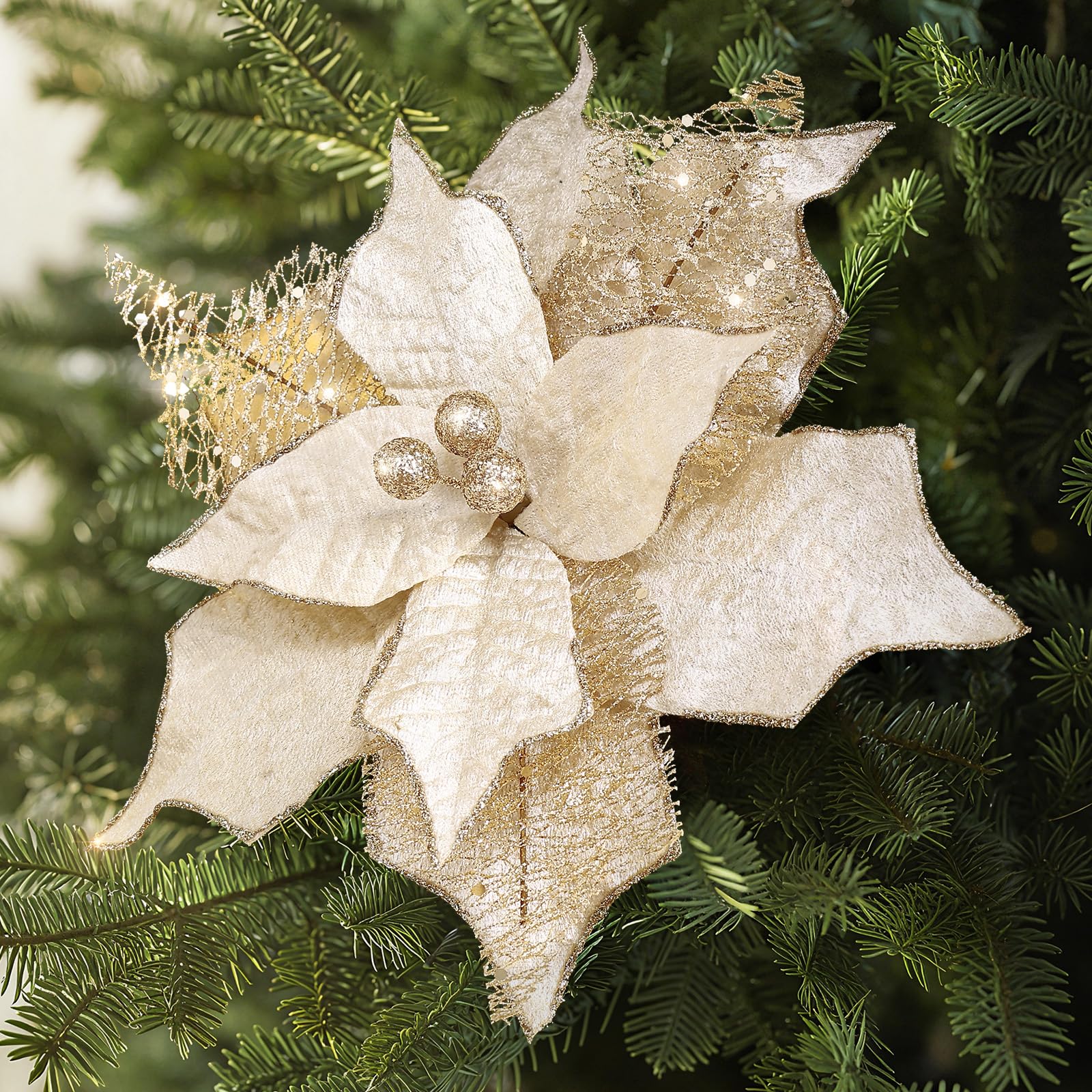 Photo 1 of Alupssuc 10 PCS Poinsettia Christmas Flowers Artificial, Large Size 9 Inch Glitter Poinsettia Flowers Artificial, Sparkling Christmas Decorations for Xmas Tree Party Wreath Fireplace, Champagne Gold