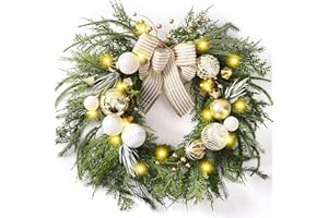 DECOR BY HANNAH Decorbyhannah Collapsible Christmas Wreath, 24 inch Prelit Norfolk Pine Wreaths for Front Door with Ornaments, Aritificial Greenery Christmas Wreath Decorations with Lights (Boho Gold & White)