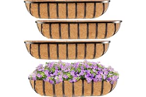 HFHOME 30" Window Box Deck Railing Planter with Horse Trough Coco Liners, Black Metal Hanging Flower Planters Baskets for Indoor, Outdoor, Balcony, Porch, Fence, Patio, and Lawn (Set of 4)