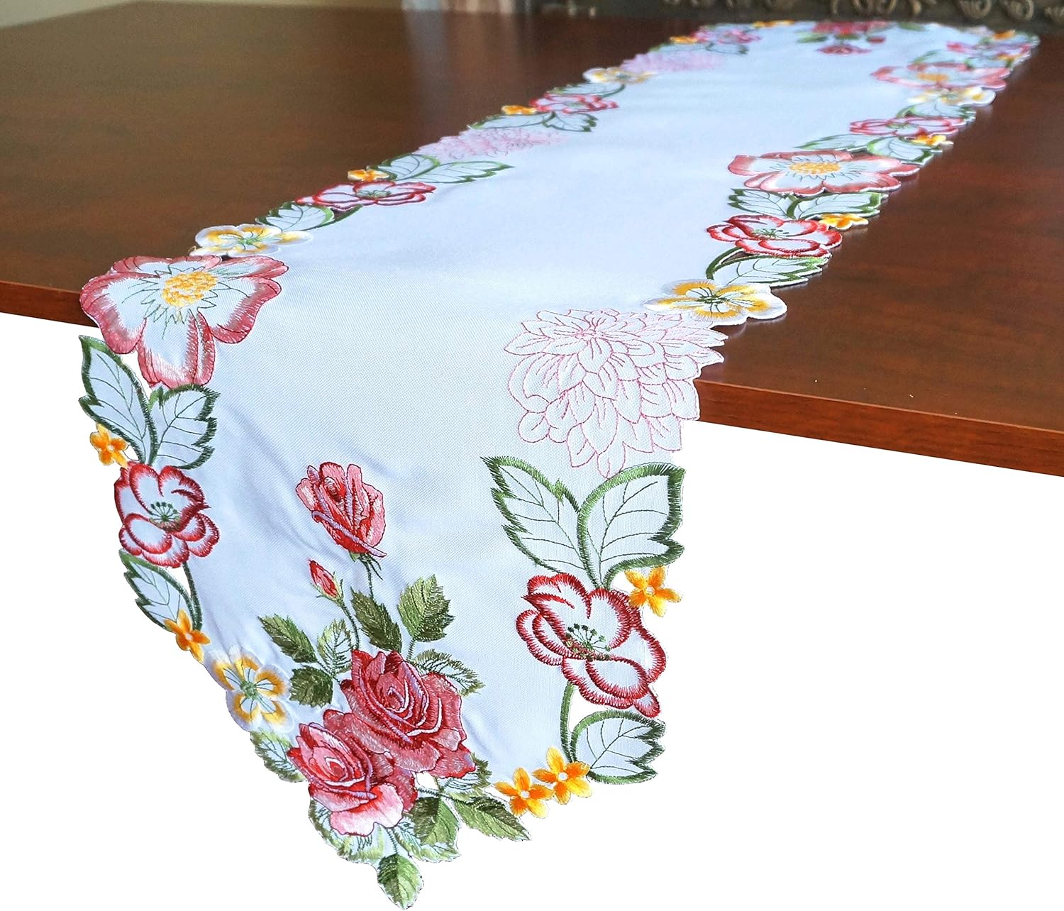 GRANDDECO Spring Flowery Table Runner, Embroiderd Cutwork