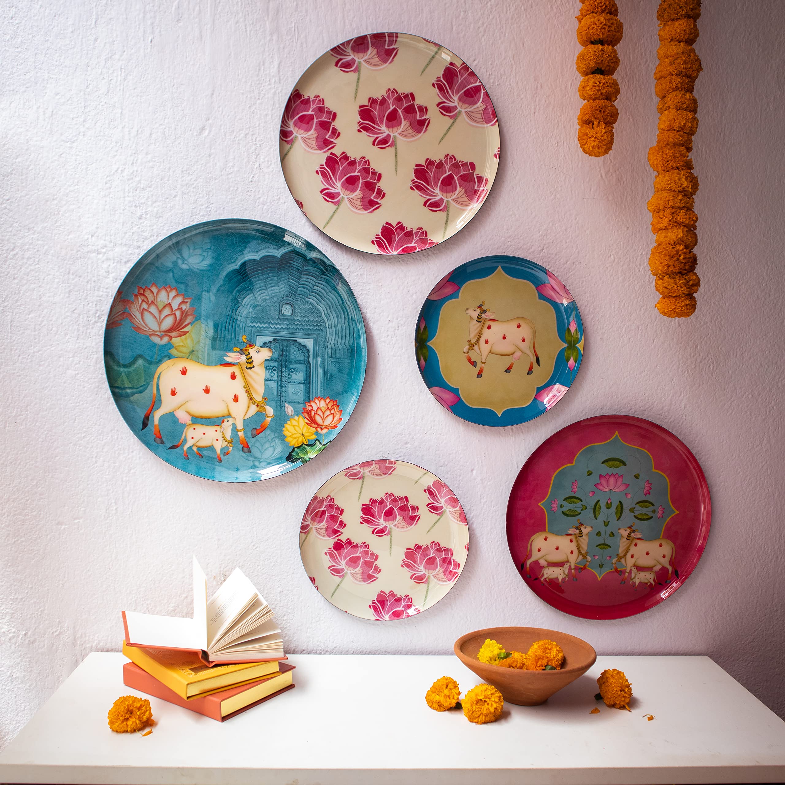 Photo 1 of RITUALISTIC Pastel Pichwai Iron Wall Plates- Set of 5 (Multicolor) | Wall Arts For Home Decoration, Living Room, Bedroom, Office Decor | Aesthetic Room Decor Items | Wall Hanging Showpiece