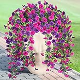 Artificial Hanging Petunias Flowers for Outdoor, 2pcs Fake Plants Long Vine Morning Glory Eucalyptus, UV Resistant Realistic Faux Greenery Indoor Outside Patio Porch Garden Spring Summer Decor, Purple