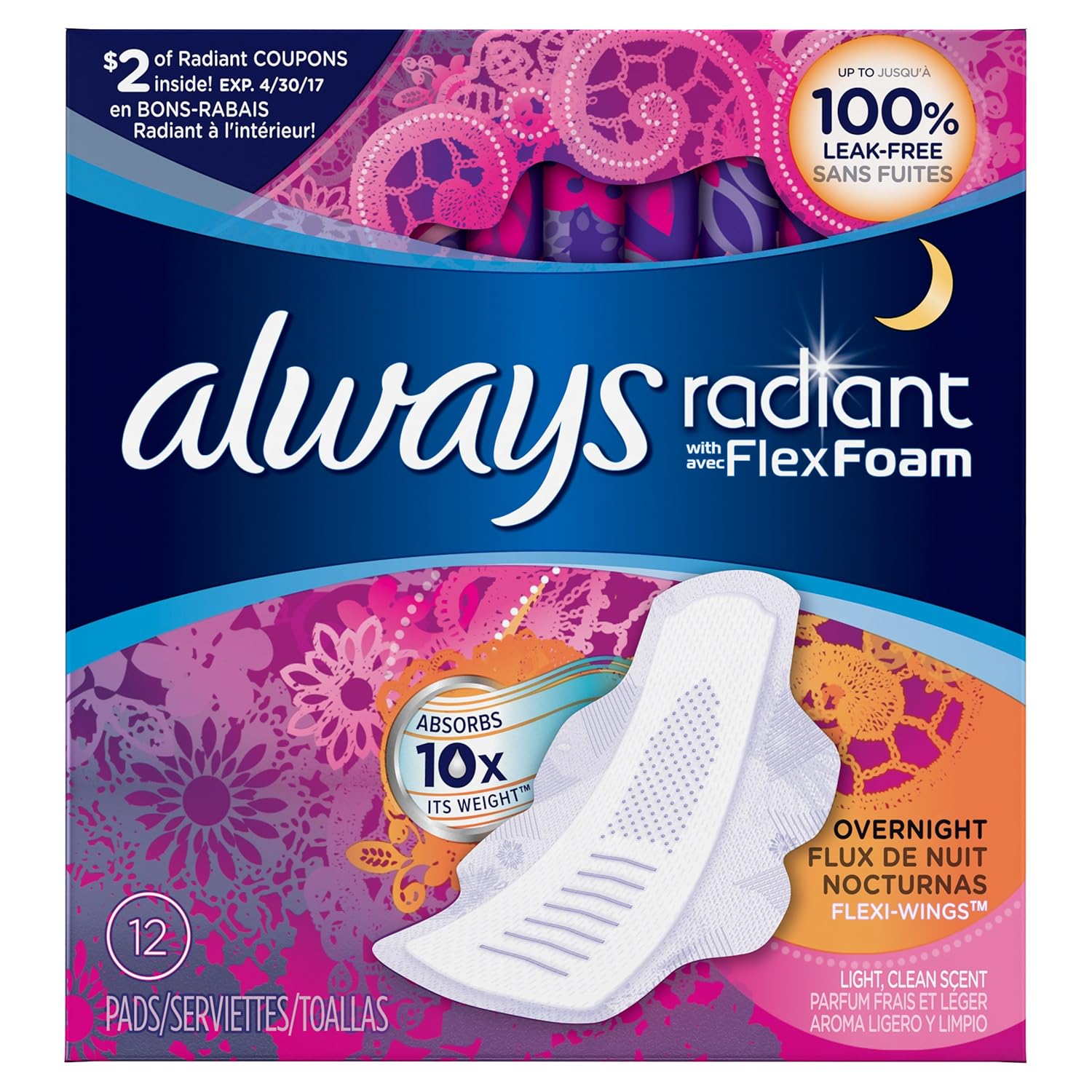 Always Radiant Overnight Feminine Pads with Wings, Scented
