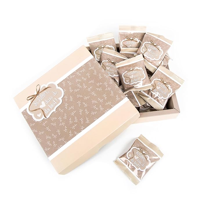 1 Geschenkkarton SCHÖN DASS DU DA BIST Herz beige creme-farben weiß hell-braun natur MIT 25 mini-Tüten Gummibärchen Fruchtgum