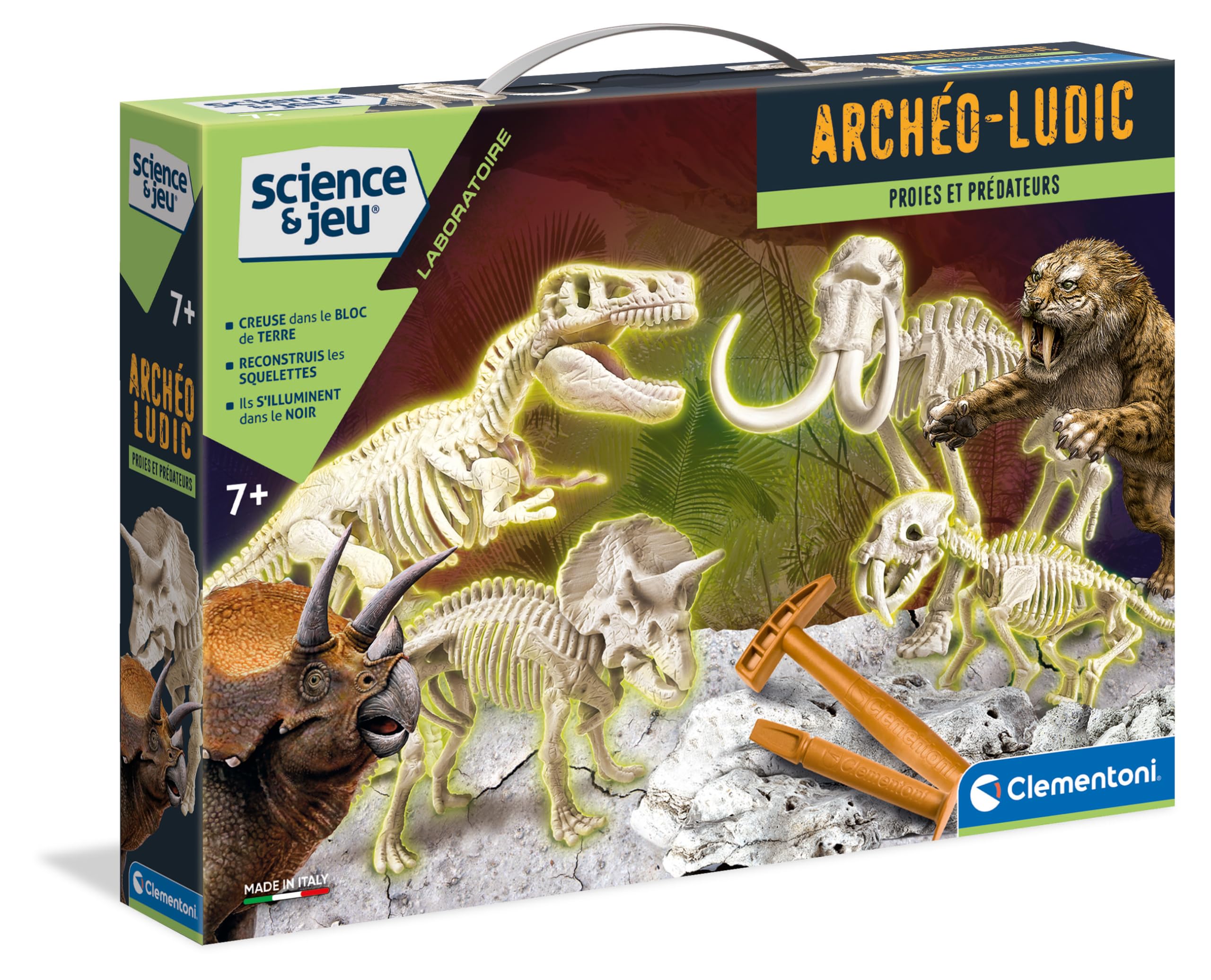 Clementoni | Archaeo Ludic Set – Prey and Predators for Children 7 Years+ | Scientific Gift | Paleontology Kit with Glow in the Dark Skeletons | Educational Activity | Augmented Reality