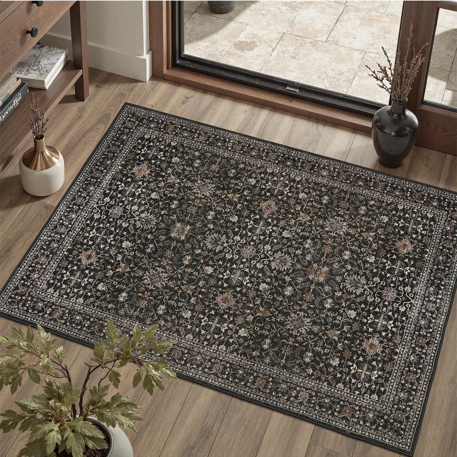 Photo 1 of DCX Machine Washable Black Entryway Rug 2x3, Non Slip Stain Resistant Vintage Floral Rug for Kitchen Bathroom Front Door Throw Rugs Indoor, Soft Low Pile Small Rugs for Entry